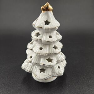 White Porcelain Christmas Tree Tea Light Holder Gold Accents